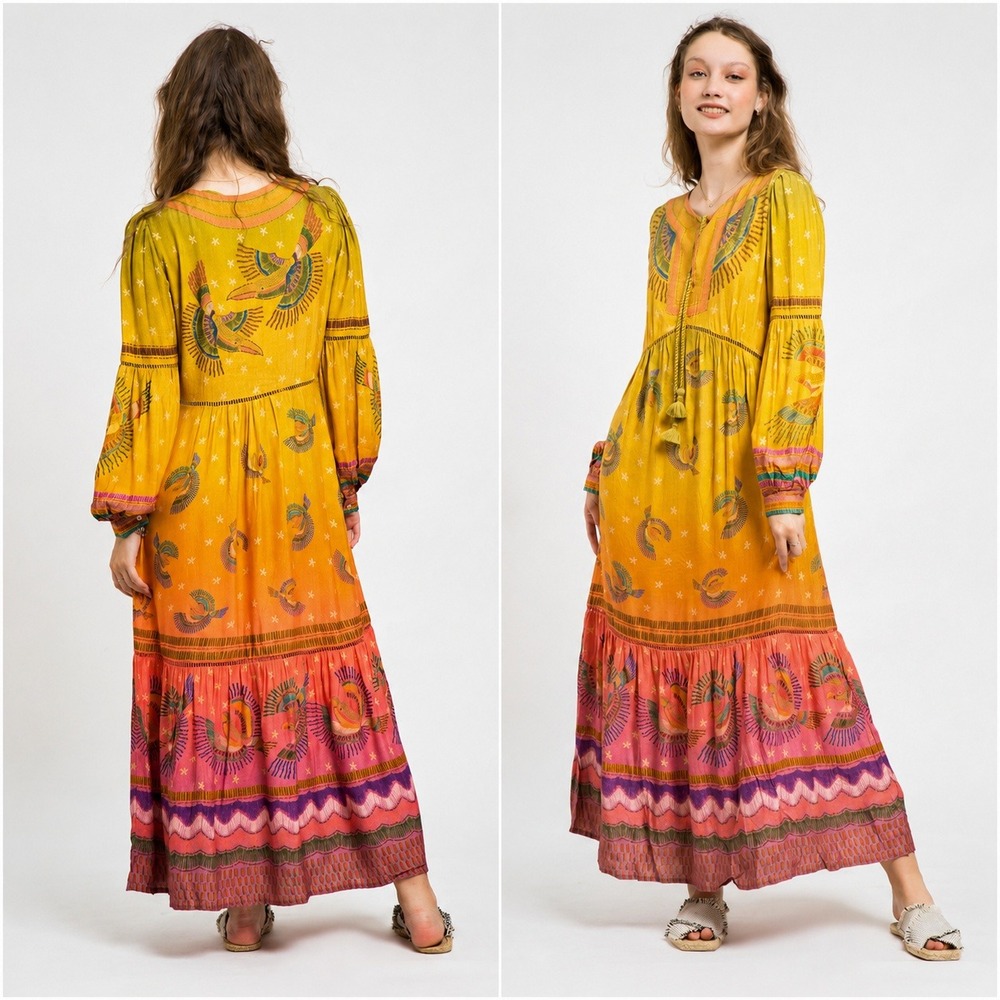 Farm Rio Yellow Ombre Bird Print Metallic Lurex Maxi Dress Womens Medium Boho - Picture 1 of 16